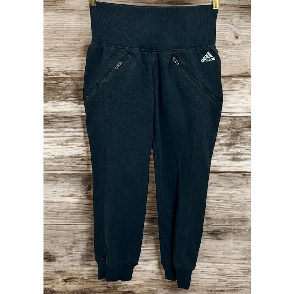 Women's Adidas Black High-Waist Crop Joggers Sz XS Loungewear Thick Pockets